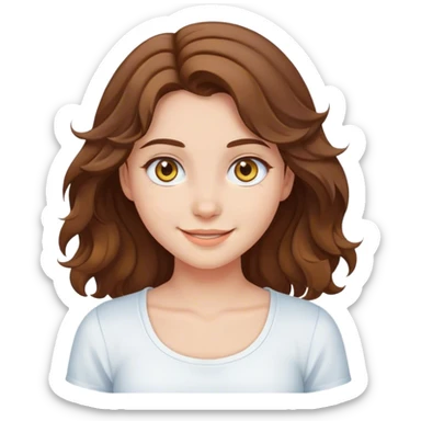 girl with brown wavy hair and bluey yellowish eyes cute smiling, wearing white top sticker