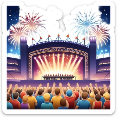 An icon showing a stadium stage with a concert in full swing, bright stage lights illuminating the performers, and fireworks bursting in the sky. The excitement of the crowd is palpable, symbolizing a love for live music and unforgettable shows. transparent background. sticker