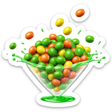 Skittles candy package with green candies spilling out, minimalist sticker
