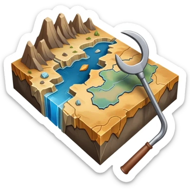 An icon featuring a crowbar and a geological map, and layers of Earth’s crust, symbolizing geology. The design includes mineral samples, fossils, and tectonic plates, representing the study of Earth’s structure and natural processes. Transparent background highlights geological exploration sticker