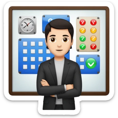 silhouette of a light-haired man standing next to a project board sticker