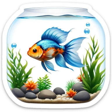 Large aquarium fish like veil tails and lionhead goldfish swimming gracefully in a beautifully decorated aquarium. Colorful aquatic plants, smooth rocks, and gentle bubbles surround the fish. The water shimmers in sunlight, creating a peaceful and vibrant underwater scene. Transparent background. sticker