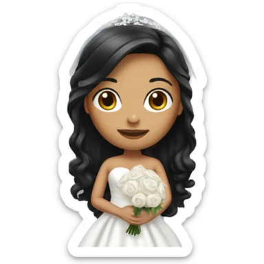 Bride with black long hair and black long Dress. And white long veil. And white bouquet in hand sticker