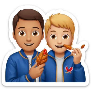 Human eating a chicken wing while watching hockey wearing a jacket with his friend smiling beside him. sticker