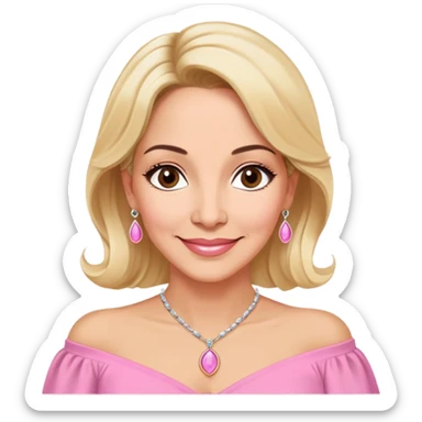 Warm-hearted Linette Torres, Puerto Rican actress in her 50s with light skin, loving expression, gentle eyes, sweet smile, elegant blonde hair, wearing a pink off-shoulder blouse and a pendant necklace sticker