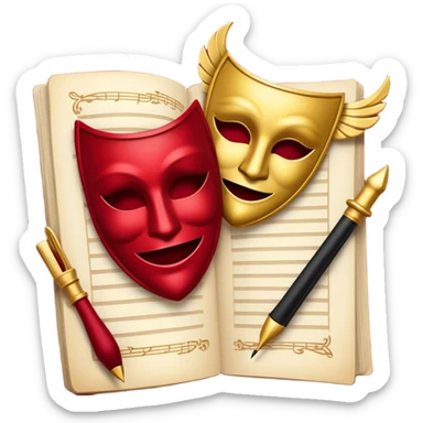Create a bold and dramatic emoji representing the art of playwriting. The design should feature an open script or a theater playbook, with stylized text lines or dramatic dialogue inside. Include elements like a theatrical comedy and tragedy masks, a stage spotlight, or a writting quill to symbolize creativity and performance. Use deep, contrasting colors like red, black, and gold to evoke the intensity and passion of drama. The overall design should feel dramatic, inspiring, and artistic. Make the background transparent. sticker