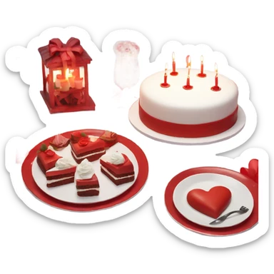 Red romantic party setting for two people and heart balloon  table with white cloth and candle with bows on the table and white Korean cake sticker