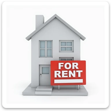 realistic apartment rent icon, photorealistic, shows an apartment building with a 'For Rent' sign sticker