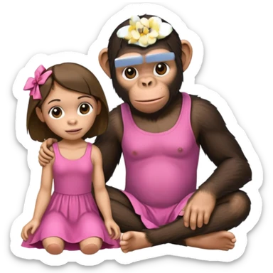 un chiomapnze sentado en el suelao al lado de una chica sticker