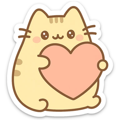 Pusheen hugging a big heart, pastel yellow and peach, sweet and adorable, kawaii style sticker