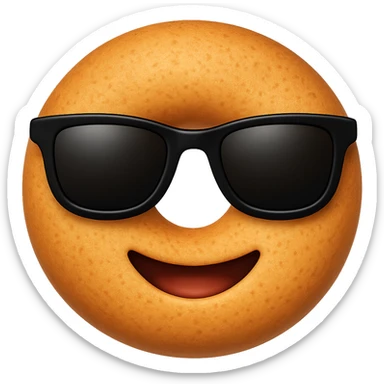 Make the dough a perfect circle with holes like a classic donut, add a textured surface, and use the same black sunglasses as the cool emoji on iPhone. Keep the background transparent. The style should resemble the iPhone emoji style with a clean and polished look. sticker