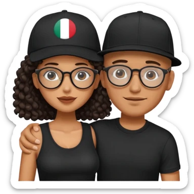 A picture of an embracing tanned couple. the man is a Mexican man with tanned skin, with a bald hair cut wearing a SnapBack hat and a black shirt. the woman wearing black glasses, with long curly dark brown hair and with big boobs.  sticker