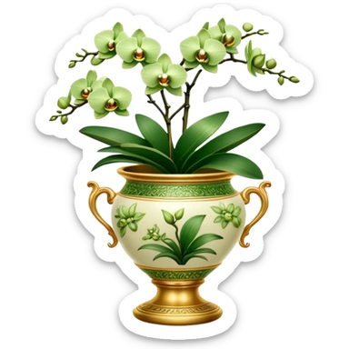 Green orchids in a golden porcelain pot  sticker