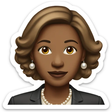African American lady in her late 40 with brown hair and light brown straight hair. Has a suit on with pearl earrings and necklas sticker