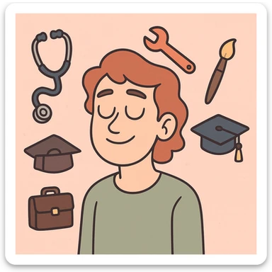 a person with closed eyes, surrounded by floating symbols of different professions, soft pastel colors, gentle mood, flat toon style sticker
