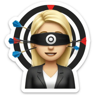 Blond woman with blindfold aiming at bullseye throwing darts sticker