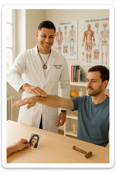 a middle-aged man, dressed in casual professional attire, is in a bright, organized therapy studio. Durante una visita di kinesiologia, il praticante tiene con una mano la foto di una persona lontana (il “testimone”) appoggiata su un tavolo, mentre con l’altra mano esegue un test muscolare su un cliente presente. Sullo sfondo si vedono libri di kinesiologia, poster anatomici e strumenti tipici della disciplina. L’atmosfera è concentrata e serena, con luce naturale che entra dalla finestra, sottolineando l’aspetto alternativo e umano della pratica. sticker