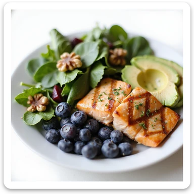 close-up of a balanced plate with grilled salmon, spinach salad, sliced avocado, blueberries, and walnuts, food photography style, vibrant colors, white background sticker