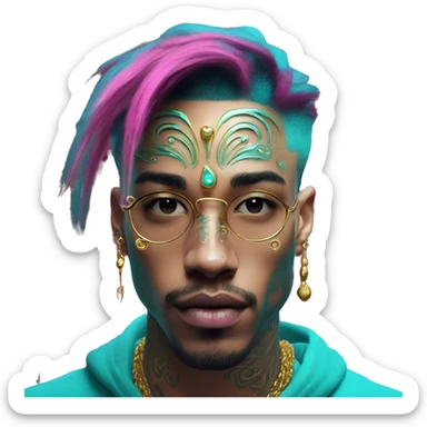 Vintage patina intricate swirls gold jewellery baroque golden raven tropical Deep pink maroon burgundy cyan dark hoodie man vitiligo dyed hair gold piercings nose piercing ear piercings sticker