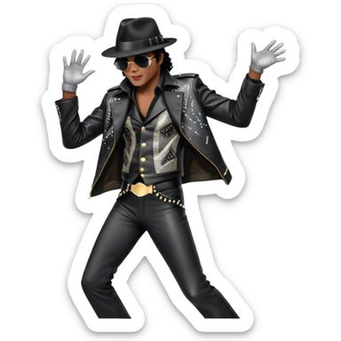 Icon of Michael Jackson as R&B legend: wearing a black fedora, sparkling glove, and leather jacket, striking a moonwalk pose. Background with musical notes and abstract patterns, capturing the energy and soul of R&B. Transparent background. sticker