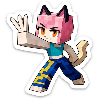 Extract the character with pink cat ears, yellow eyes, and blue and yellow outfit as a fully visible, separate image with a transparent background, preserving the original Minecraft cartoon style and appearance. sticker