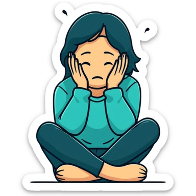 woman sitting and crying covering her face with her arms sticker