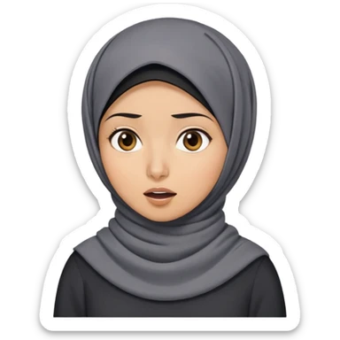 người phụ nữ 30 tuổi, da vàng, đội khăn hijab, tóc ngắn màu đen, mặt biểu cảm ngạc nhiên, áo màu xám đậm sticker