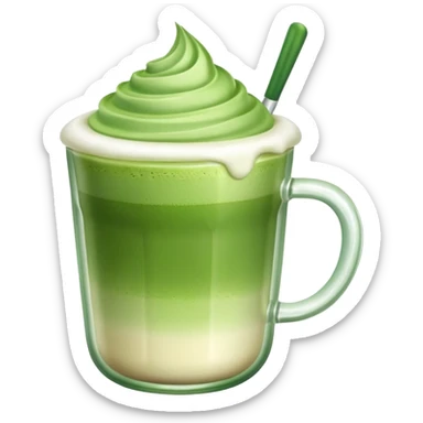 glass cup of matcha latte with green gradient and creamy top sticker