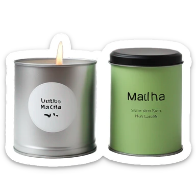 realistic short lit matcha candle, silver tin, small plain white label with black text sticker
