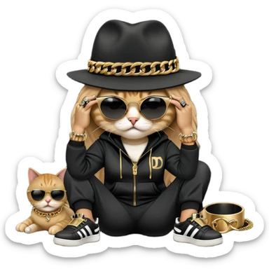 female cat dressed like Run DMC with tracksuit, fedora, Adidas shoes, dark sunglasses, lots of gold chains, rings, bracelets, earrings, lying on the ground, distressed and crying sticker