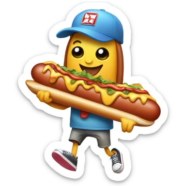 A cartoon hotdog skateboarding while holding a dog on a leash sticker