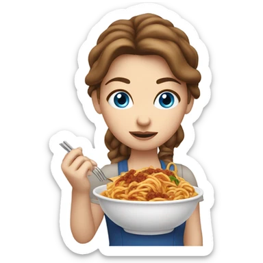 White girl blue eyes brown hair eating spaghetti  sticker