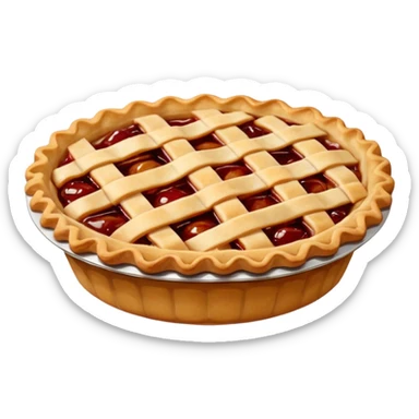 A highly detailed, photorealistic 3D render of a small, individual apple pie, with a golden-brown lattice crust. The filling is a rich, glistening red-amber, bubbling slightly.  sticker