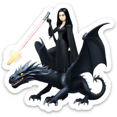 Determined and beautiful armored teen Morticia Addams Jedi riding on the back of a giant black dragon sticker