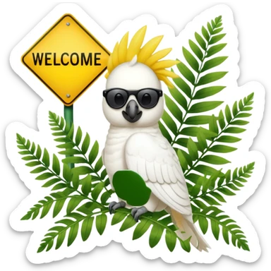 sulfer crested cockatoo wearing sunglasses sitting in a green fern tree with an australian street sign saying 'welcome to cockatoo' sticker