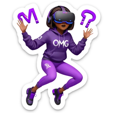 brown haired girl with a bob girl wearing black hoody with violet letters "OMG", in vr headset oculus quest2. jumping. Cyberpunk style. Violet neon. sticker