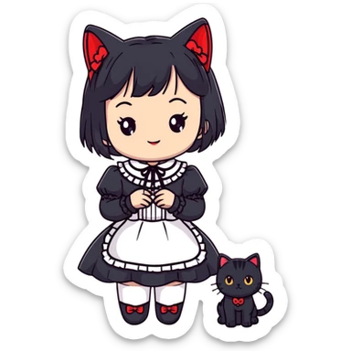 girl wearing black Lolita style dress, with medium-length black hair with red tips, and a black American Shorthair tabby cat sticker