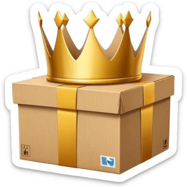 A cardboard box package with a floating crown above it sticker