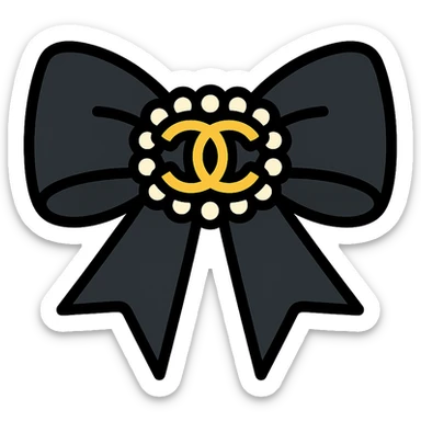 elegant bow with pearls and gold Chanel logo, glossy, black and white sticker