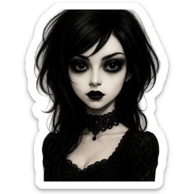 emo girl with a heart-shaped face, gothic style, mysterious and elegant, dark hair, expressive eyes sticker