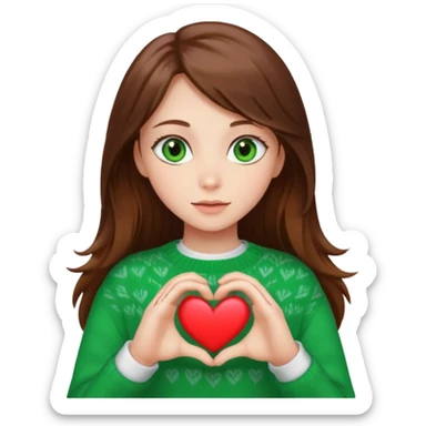 Girl green eyes brown long hair white warm sweater showing heart with her hands sticker