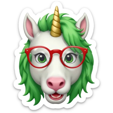 white furred unicorn with green hair and big red earrings looking into camera and spectacle and biiiggg earrings sticker