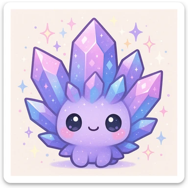 kawaii style crystal sprite creature, purple, blue, and pink, cute and sparkly sticker