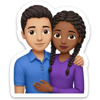 Boyfriend who is middle Easterntan olive skinned with blue eyes and wavy straight brown hair in a blue shirt and his African girlfriend who is very black skinned, juicy lipped with black braided hair and the two are hugging and smiling hugely she’s wearing purple and she has black eyes sticker