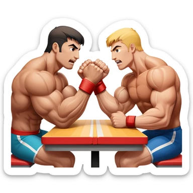 Two strong competitors locked in an intense arm wrestling match, muscles tensed as they battle for victory. The table is well-lit, showcasing their focused expressions and powerful arm grips. The background features a competitive arena with a cheering crowd. Transparent background. sticker