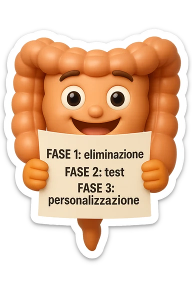 emoji stile iphone 3d di un intestino che tiene in mano un foglio con la scritta "FASE 1: eliminazione, FASE 2: test, FASE 3: personalizzazione, IPERREALISTICO 4K sticker