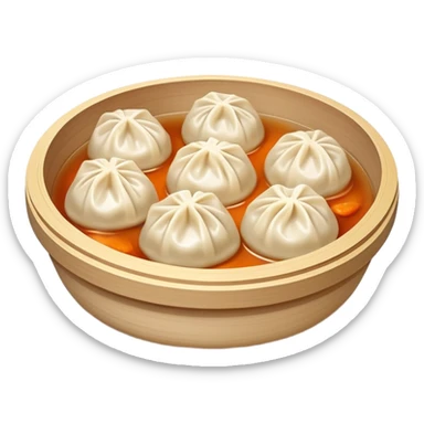 Xiaolongbao soup dumplings with visible soup inside, Chinese dim sum, emoji style sticker