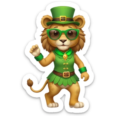 friendly anthropomorphised female lion dressed for St. Patrick's Day in green outfit with festive accessories, dark sunglasses, walking upright with confident stride sticker