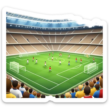 An icon featuring a large stadium with a football match in progress, players in action on the field, and a cheering crowd in the stands. Bright floodlights illuminate the pitch, creating an intense atmosphere of competition. The transparent background highlights the thrill of live sports events. sticker