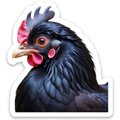 Cinematic Adorable Black Chicken Portrait Emoji, Perched elegantly with silky, deep black feathers, round and chubby with a curious tilt of the head, shimmering dark tones with subtle highlights, bright and inquisitive eyes, highly detailed, glowing with a soft, warm sheen, high shine, confident yet playful, stylized with a whimsical charm, bright and endearing, soft glowing outline, capturing the essence of a mysterious yet lovable farmyard friend, so lively it feels like it could peck at the ground in a moment of curiosity! sticker